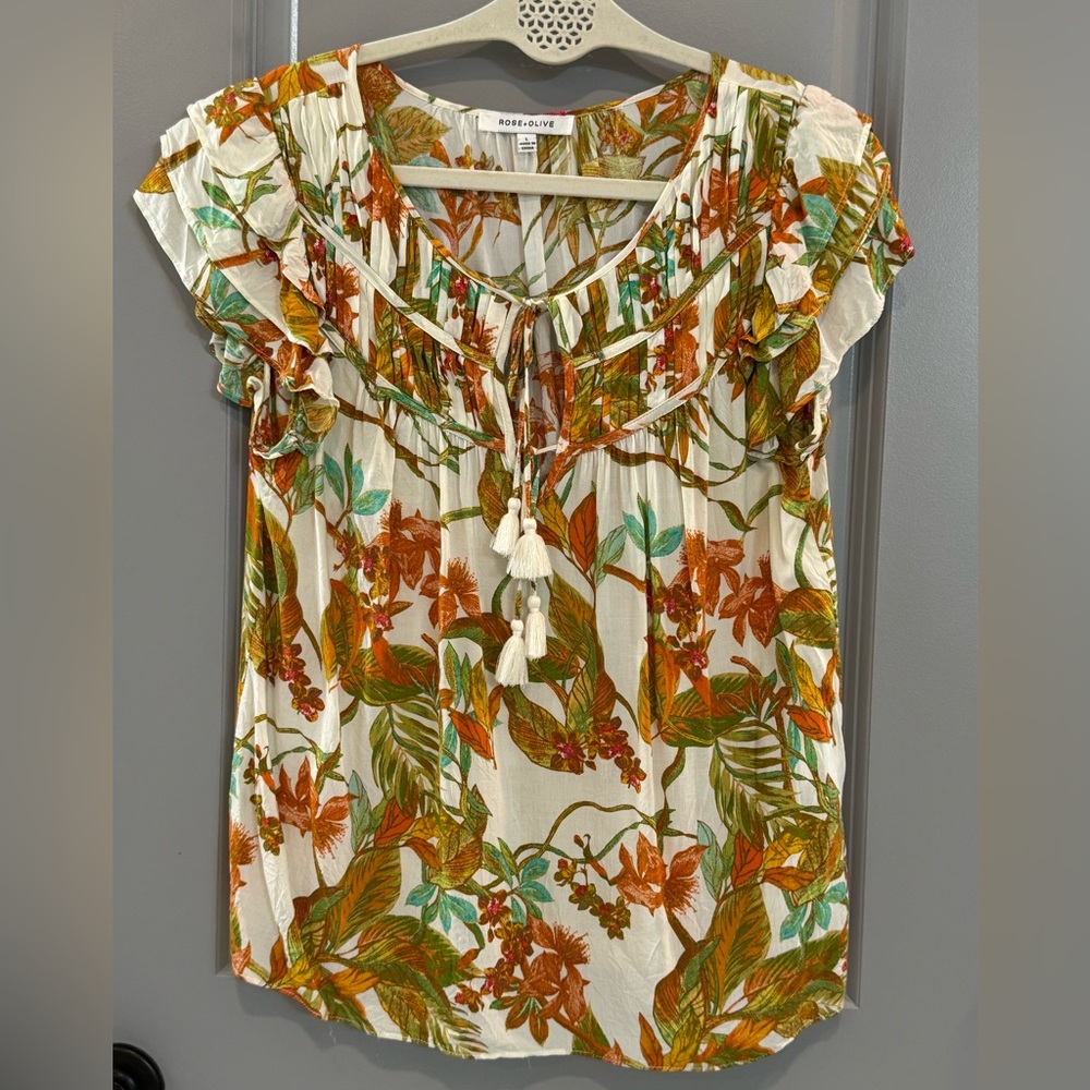 Rose & Olive Cream Tropical Floral Tie-Front Ruffle Blouse